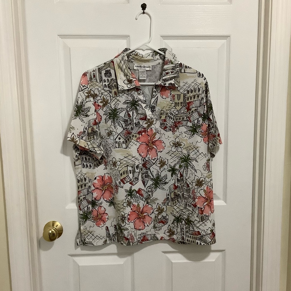 Cathy Daniels White Polo with Hibiscus and Palm Print